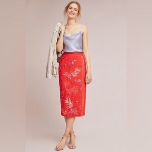 Anthropologie Red Embroidered Midi Skirt